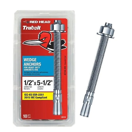 Red Head Wedge Anchor, 1/2" Dia., 5-1/2" L, Carbon Steel, 10 PK 12019